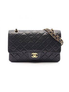 Chanel Shoulder Bag Quilted Double Flap Black Lambskin Chain